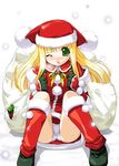  blonde_hair christmas copyright_request csy green_eyes hat long_hair panties pantyshot pantyshot_(sitting) santa_costume santa_hat sitting solo underwear 