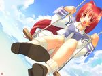  cloud day iuro kagami_sumika long_sleeves miniskirt muvluv panties pantyshot red_hair school_uniform serafuku shoes skirt sky socks solo swing underwear white_legwear white_panties 