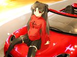  artist_request black_legwear car fate/stay_night fate_(series) ground_vehicle left-hand_drive long_hair long_sleeves motor_vehicle red_eyes solo thighhighs toosaka_rin turtleneck two_side_up 