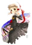  artist_name bird bird_on_hand black_dress black_gloves bow dress gloves gothic hair_bow heart koin_(foxmark) open_mouth original red_bow signature solo sword weapon 