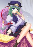  artist_request blue_eyes bracelet candle chair crossed_legs curtains green_hair hat jewelry long_hair long_sleeves ribbon rod_of_remorse shiki_eiki sitting solo touhou 