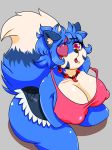  arms_holding_breasts arms_under_breasts big_breasts blue_fur blue_hair booty_shorts breasts canid canine clothing cutoffs denim_shorts eye_patch eyebrows_through_hair eyewear facial_markings female fox fur hair heart_shaped jewelry kneeling lazuli_(doggod.va) looking_at_viewer looking_up magatama mammal markings multicolored_eyes multicolored_fur necklace open_mouth ryujisama shirt shorts tank_top 