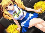  blonde_hair blush breasts cheerleader clothes_writing couch crossed_legs game_cg hair_ribbon ino large_breasts long_hair midriff oshioki_sweetie pom_poms red_eyes ribbon ringlets shinmeiji_rinn sitting skirt smile solo twintails 