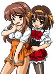  anna_miller asahina_mikuru bad_proportions bandabekken bangs black_legwear bronze_parrot brown_hair high-waist_skirt multiple_girls orange_skirt pantyhose sheer_legwear short_hair skirt suzumiya_haruhi suzumiya_haruhi_no_yuuutsu waitress 