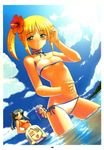  artoria_pendragon_(all) bikini blonde_hair blush breasts day dutch_angle fate/stay_night fate_(series) flat_chest flower green_eyes hair_flower hair_ornament hibiscus illyasviel_von_einzbern innertube matou_sakura medium_breasts multiple_girls namonashi ocean rubbish_selecting_squad saber scan scan_artifacts side-tie_bikini side_ponytail string_bikini swimsuit toosaka_rin wet 