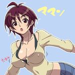  amaha_masane blue_background bouncing_breasts breasts covered_navel covered_nipples face haganemaru_kennosuke large_breasts long_sleeves open_mouth simple_background solo witchblade 