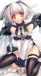  albino black_legwear breasts elbow_gloves fingerless_gloves gloves headgear keg large_breasts long_sleeves mecha_musume orange_eyes original short_hair sitting solo thighhighs wariza white_gloves white_hair wings wrist_cuffs 