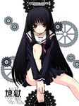  bangs barefoot black_hair black_serafuku blunt_bangs cherry enma_ai food fruit gears hime_cut invisible_chair jigoku_shoujo knee_up long_hair long_sleeves looking_at_viewer mouth_hold pleated_skirt school_uniform serafuku sitting skirt solo tajima_yoshikazu very_long_hair 