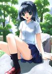  arm_support black_legwear blue_hair copyright_request csy day dress_shirt flat_chest green_eyes miniskirt outdoors panties pantyshot pantyshot_(sitting) shirt short_hair sitting skirt socks solo underwear white_panties 