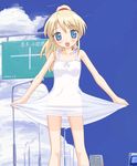  blonde_hair blue_eyes breasts cloud copyright_request day dress long_hair ponytail see-through sky small_breasts solo sundress takayaki 