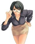  adjusting_eyewear bespectacled black_hair glasses hand_on_hip jewelry kanina_shizuka leaning_forward light_smile long_sleeves looking_at_viewer maria-sama_ga_miteru necklace pencil_skirt short_hair skirt solo tanaka_shoutarou teacher 