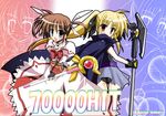  :d alternate_color ass axe bardiche blonde_hair blush bodysuit bow bowtie brown_hair cape color_switch endori fate_testarossa fingerless_gloves gloves hair_ribbon hits holding holding_weapon long_sleeves looking_at_viewer lyrical_nanoha magazine_(weapon) magical_girl mahou_shoujo_lyrical_nanoha multiple_girls open_mouth polearm purple_eyes raising_heart red_bow red_eyes ribbon rod skin_tight smile staff takamachi_nanoha twintails two_side_up wand weapon 