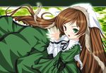  :d arm_garter artist_request blush brown_hair dress frills green_background green_dress green_eyes head_scarf heterochromia long_hair long_sleeves looking_at_viewer open_mouth parted_lips rozen_maiden simple_background smile solo suiseiseki very_long_hair 