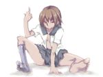  artist_request brown_hair character_request copyright_request lowres middle_finger no_bra open_clothes open_shirt school_uniform shirt short_hair single_sock skirt socks solo tongue 
