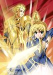  1girl armor artoria_pendragon_(all) bleeding blonde_hair blood blood_on_face dress excalibur fate/stay_night fate_(series) g-tetsu gilgamesh glowing glowing_sword glowing_weapon green_eyes long_sleeves saber smile sword weapon 