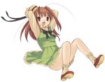  :o ahoge bow brown_eyes brown_hair character_request copyright_request dress full_body hair_intakes hands_on_own_head hat long_hair long_sleeves open_mouth piyodera_mucha ribbon shoes solo 