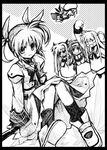  arisa_bannings black_border border bow chibi clenched_hand fate_testarossa fingerless_gloves gloves greyscale hairband hat heart heart_eyes jacket long_sleeves lyrical_nanoha magical_girl mahou_shoujo_lyrical_nanoha mahou_shoujo_lyrical_nanoha_a's minamura_haruki monochrome multiple_girls open_clothes open_jacket raising_heart school_uniform seishou_elementary_school_uniform shoes takamachi_nanoha tome_of_the_night_sky tsukimura_suzuka twintails waist_cape winged_shoes wings yagami_hayate 