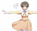  brown_hair dress fujioka_haruhi long_sleeves open_mouth ouran_high_school_host_club outstretched_arms pantyhose short_hair simple_background smile solo spread_arms white_background white_legwear yatsune_rika 