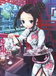 architecture china_dress chinese_clothes copyright_request dress duplicate east_asian_architecture green_eyes hair_bun long_sleeves solo takeda_hinata teapot waitress 