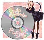  1girl :d animal_ears ankle_boots arm_support barcode black_dress blush boots brown_pantyhose cat_ears cat_tail cd character_request dress from_side full_body gothic_lolita hair_bun hazuki_gean leaning_forward legs littlewitch_fan_disc lolita_fashion long_sleeves looking_at_viewer open_mouth outline oversized_object pantyhose rainbow short_dress sidelocks single_hair_bun smile solo standing tail tiptoes 