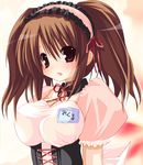  asahina_mikuru bangs breasts brown_hair character_name corset detached_collar kannon_ouji large_breasts name_tag open_mouth puffy_short_sleeves puffy_sleeves short_sleeves solo suzumiya_haruhi_no_yuuutsu upper_body waitress 