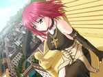  city cityscape cross dutch_angle elbow_gloves fingerless_gloves game_cg gloves jewelry kannatsuki_noboru latin_cross maou_to_odore! necklace red_hair short_hair sitting solo wicca_amurita wind yellow_eyes 