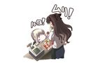  apron artoria_pendragon_(all) blonde_hair blush_stickers chibi coin counter denim fate/stay_night fate_(series) jeans mcdonald's menu multiple_girls pants saber_alter satomi simple_background size_difference toosaka_rin translation_request 