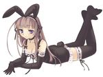  animal_ears black black_gloves black_legwear breasts brown_hair bunny_ears bunny_girl bunny_tail choker cleavage elbow_gloves fake_animal_ears feet full_body garters gloves gothic long_hair lying medium_breasts on_stomach original petite piyodera_mucha purple_eyes ribbon-trimmed_gloves ribbon-trimmed_legwear ribbon_trim simple_background solo tail thighhighs white_background 