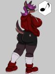  back_facing_viewer band-aid bandage bandage_on_face big_breasts big_butt biker_shorts breasts butt canid canine canis clothing domestic_dog female hair hands_in_pockets hoodie legwear looking_at_viewer mammal purple_hair ruby_(sssonic2) ryujisama sneakers socks speech_bubble sweater thick_thighs whistling yellow_eyes 