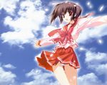  bow brown_eyes brown_hair cloud day long_sleeves miniskirt mitsumi_misato panties pantyshot pantyshot_(standing) pink_bow school_uniform serafuku short_hair short_twintails skirt sky solo standing thigh_gap to_heart_2 twintails underwear white_panties wind wind_lift yuzuhara_konomi 