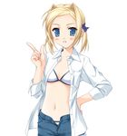  akino_takehiko bettou_izumi-shizuka_scarlett bikini bikini_under_clothes blonde_hair blue_eyes flat_chest game_cg long_sleeves open_clothes open_shirt scarlett shirt short_hair sleeves_folded_up solo swimsuit swimsuit_under_clothes tachi-e transparent_background 