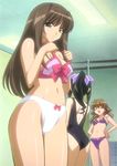  bikini black_hair bow bow_panties bra brown_eyes brown_hair closed_eyes lingerie locker locker_room long_hair love_love? multiple_girls one-piece_swimsuit panties pink_bow pink_bra ponytail purple_bra purple_panties screencap standing swimsuit underwear underwear_only white_panties 