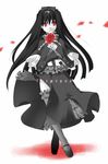  dress flower frills gothic komi_zumiko long_hair long_sleeves maya_(triptych) monochrome petals red_eyes rose solo spot_color thighhighs triptych 