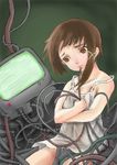  artist_request brown_eyes brown_hair cable chemise flat_chest hair_ornament hairclip iwakura_lain monitor serial_experiments_lain solo tears 