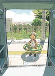  :d ^_^ azuma_kiyohiko closed_eyes green_hair ground_vehicle hat innertube koiwai_yotsuba open_mouth shadow smile solo tactile_paving train_interior train_station yotsubato! 