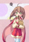  ahoge artist_request brown_hair cape eating green_eyes lilka_eleniak long_hair long_sleeves low-tied_long_hair pink_background shy solo thighhighs twintails white_legwear wild_arms wild_arms_2 yakisobapan 