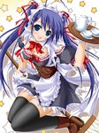 :d akimoto_dai blue_eyes blue_hair breasts cleavage maid medium_breasts mop open_mouth original smile solo star thighhighs twintails zettai_ryouiki 