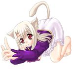  all_fours animal_ears barefoot blonde_hair cat_ears fate/stay_night fate_(series) feet illyasviel_von_einzbern long_hair long_sleeves minazuki_noumu red_eyes solo tail top-down_bottom-up 