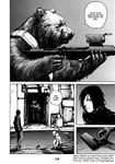  1girl bear biomega comic english greyscale gun handgun hard_translated highres kanoe_zouichi kozlov_loewic_grebnev monochrome nihei_tsutomu pistol rifle translated weapon yion_green 