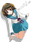  bangs blue_sailor_collar blue_skirt brown_hair inue_shinsuke kita_high_school_uniform long_sleeves sailor_collar school_uniform serafuku short_hair skirt solo suzumiya_haruhi suzumiya_haruhi_no_yuuutsu 