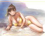  beach bikini brown_hair copyright_request kisaragi_gunma lying ponytail solo swimsuit 
