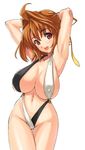  armpits arms_behind_back ayase_nazuna blush breasts brown_eyes brown_hair covered_nipples curvy huge_breasts navel open_mouth orange_pocket pose slingshot_swimsuit solo swimsuit takeda_hiromitsu 
