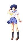  black_legwear blue_hair blush highres miyatsuki_itsuka original pigeon-toed red_eyes school_uniform serafuku simple_background socks solo 