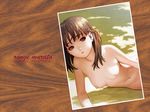  arm_support artist_name breasts brown_eyes brown_hair copyright_request lying medium_breasts murata_renji nipples nude on_side outdoors signature solo 