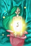  artist_request copyright_request flower glowing green_hair long_hair looking_at_viewer minigirl no_nipples nude on_flower plant_girl red_eyes solo 