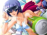  ;d adjusting_eyewear arm_up backpack bag bangs beach bikini blue_eyes blue_hair blurry breasts can cleavage depth_of_field drinking_straw dutch_angle eyewear_on_head foreshortening front-tie_top game_cg hair_between_eyes hair_ribbon kouzuki_saya large_breasts long_hair looking_at_viewer mahiro_takeumi milkyway milkyway_2 navel one_eye_closed open_mouth outdoors ponytail ribbon senomoto_hisashi short_hair smile soda solo sunglasses swimsuit towel upper_body white_bikini wristband 