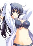  adjusting_hair arms_up black_bra black_hair black_panties blue_eyes bow bow_bra bow_panties bra breasts copyright_request hairdressing large_breasts lingerie long_hair long_sleeves mouth_hold navel no_pants open_clothes open_shirt panties ribbon shirt solo tomose_shunsaku underwear 