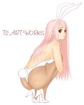  1girl animal_ears ass back blush breasts high_heels hugging_own_legs long_hair looking_back medium_breasts non-web_source open_mouth original pantyhose photoshop_(medium) pink_hair playboy_bunny rabbit_ears rabbit_tail red_eyes shoes sideboob solo squatting surprised tail tiptoes tony_taka 