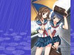  bag blue_hair brown_hair copyright_request matsuryuu multiple_girls rain school_bag school_uniform umbrella wallpaper 
