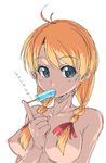  blonde_hair blue_eyes braid breasts copyright_request eating food large_breasts nipples nude oekaki onija_tarou popsicle solo twin_braids upper_body 